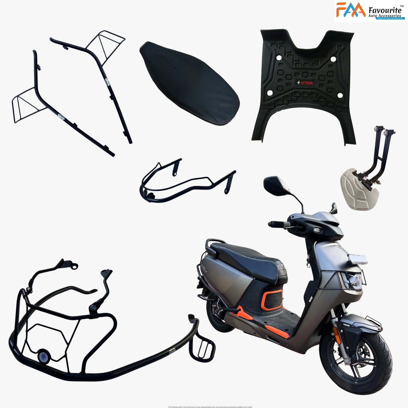 Hero VIDA VX2 Plus & Go Black Safety Guard Set (Front, Rear, Mudguard) with Free Seat Cover, 3D Mat & Footrest