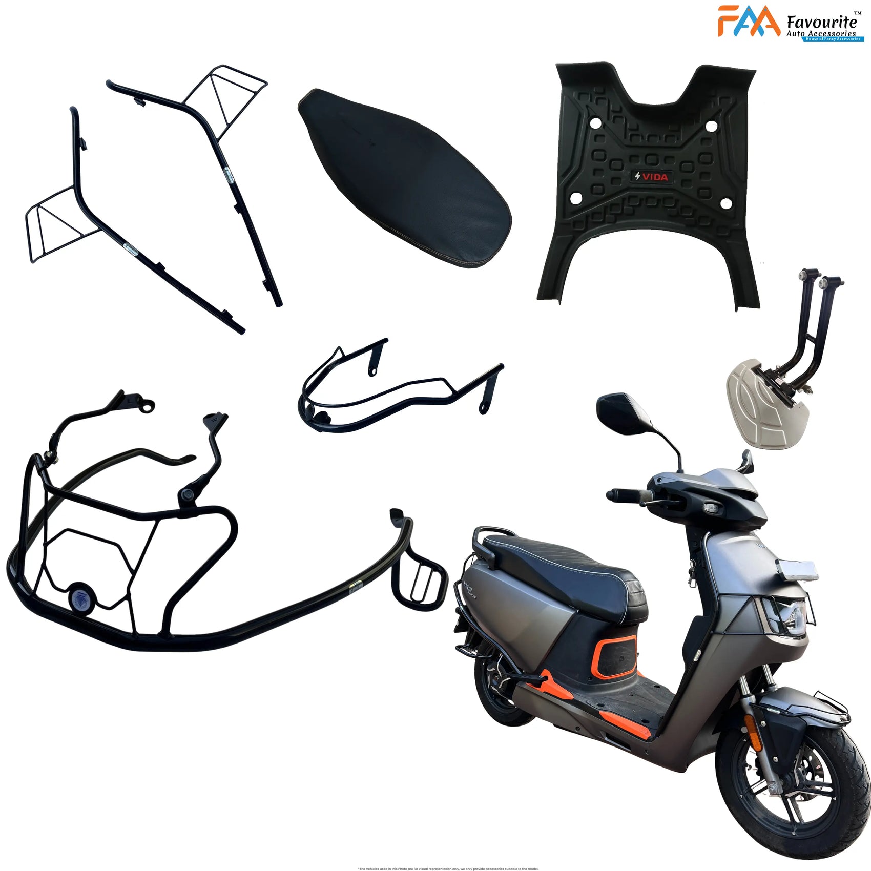 Hero VIDA VX2 Plus & Go Black Safety Guard Set (Front, Rear, Mudguard) with Free Seat Cover, 3D Mat & Footrest