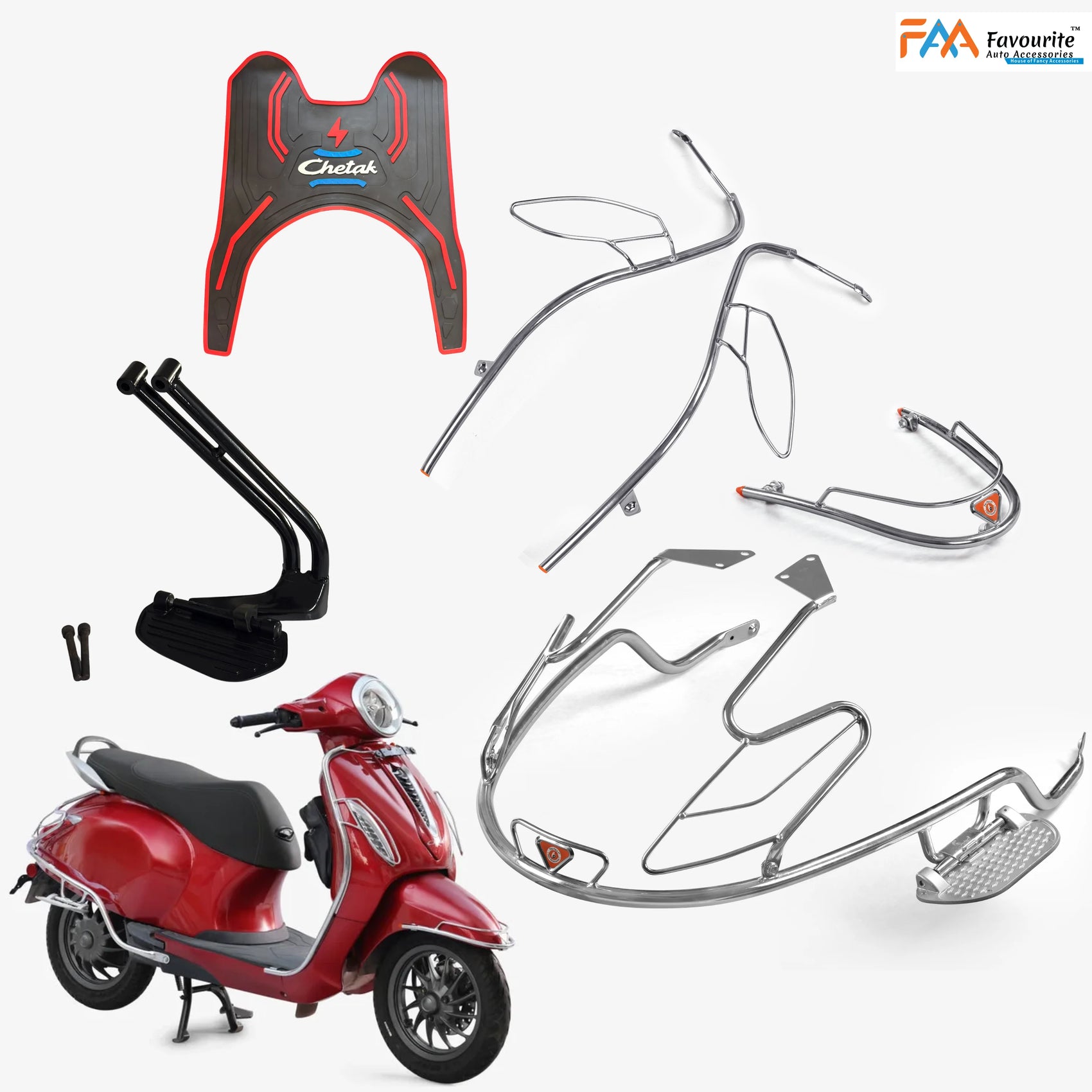 CHETAK 3501 & 3502 Steel Safety Guard Full Set (2025 Model) | Rear Guard, Front Guards & Mudguard with Free 3D Rubber Floor Mats & Foot Rest