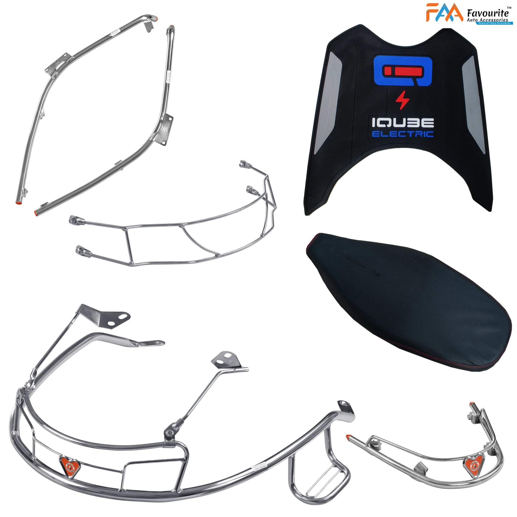 TVS iQube Steel Safety Guard Kit | Middle Crash Guard, Front Mudguard, Rear Guard & Right Side Footrest with Free Seat Cover & 3D Floor Mats